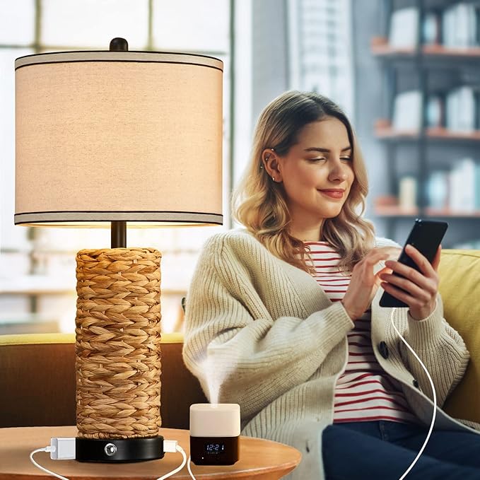 GyroVu Rattan Table Lamp Set of 2, Wicker Lamps, 3 Way Dimmable Touch Seagrass Table lamp with 2 USB Ports and 1 AC Outlet for Bedroom Nightstand Table, Livingroom End Table, Bulbs Include