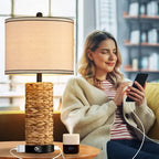 GyroVu Rattan Table Lamp Set of 2, Wicker Lamps, 3 Way Dimmable Touch Seagrass Table lamp with 2 USB Ports and 1 AC Outlet for Bedroom Nightstand Table, Livingroom End Table, Bulbs Include