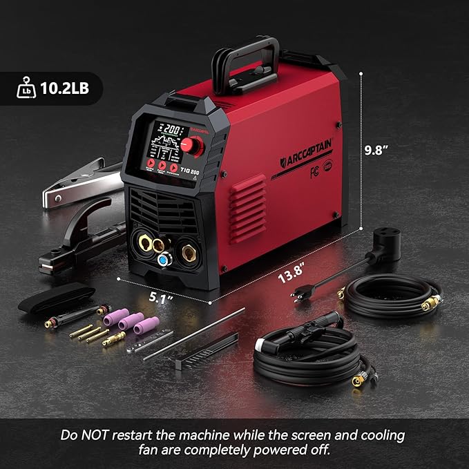 ARCCAPTAIN DC 5 In 1 TIG Welder With Pulse, 200Amp DC 5 In 1 HF/Lift/Pulse/Spot TIG & Stick, 110v/220v Dual Voltage LED Digital Display MultiProcess TIG Welding Machine with 2T/4T TIG200P