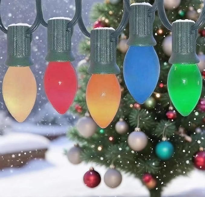 25 Pack C7 Multicolor Christmas Replacement Bulbs,C7 E12 Candelabra Base,Vintage Ceramic Glass Lights,120V 5W Incandescent Night Light Bulbs for Patio, Roofline, Garden, Wedding, Party Decorations