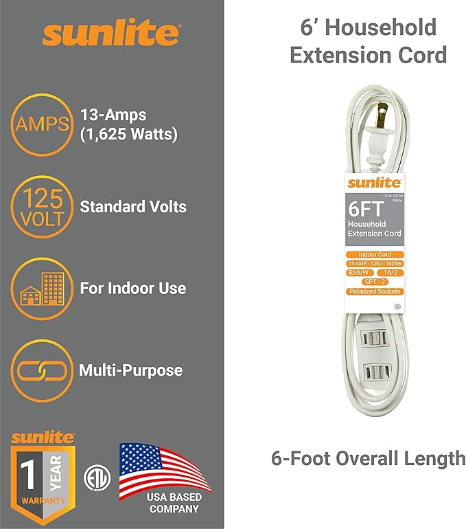 Sunlite 6-Foot Household Extension Cord, Three 2-Prong Polarized Sockets, Tamper Guards, Indoor Use, for Small Appliances, Electronics, Lamps, Fans, ETL Listed, SPT-2, 1625 Watts 13 Amps, 125V, White
