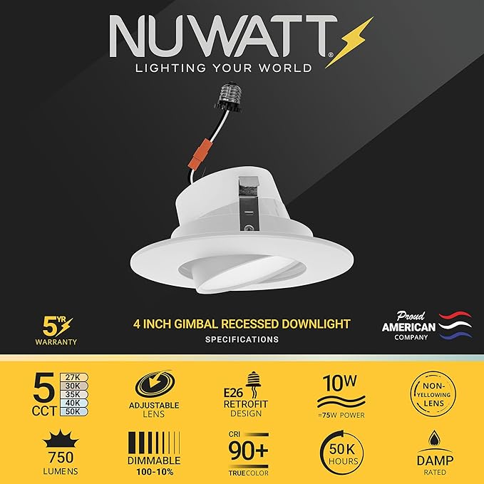 NUWATT 24 Pack 4 Inch Gimbal LED Recessed Lighting Retrofit, 4" Sloped Ceiling Light, 5 CCT 2700K/3000K/3500K/4000K/5000K, Dimmable, High Output 750LM, 10W, 90 CRI Eyeball Lights, Aluminum Trim, ETL