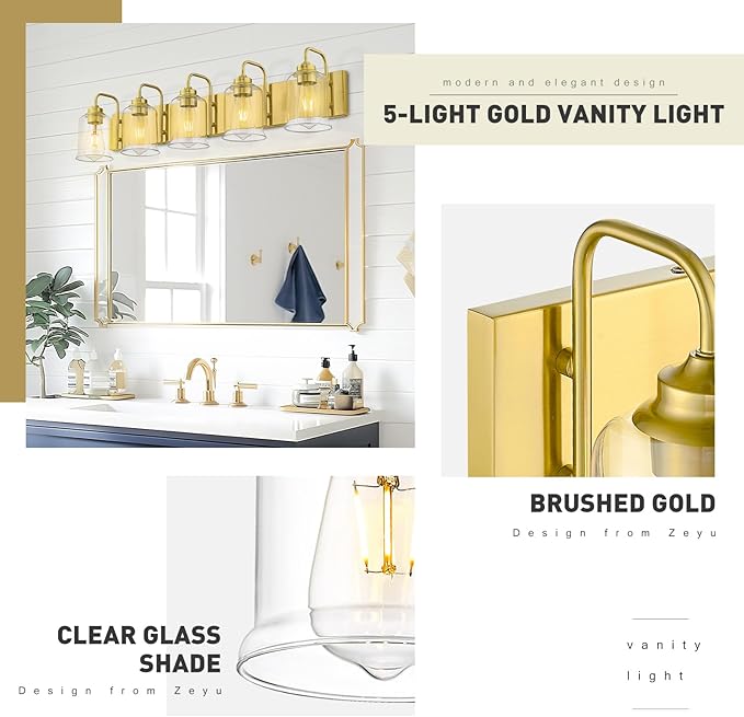 zeyu 36 Inch Bathroom Lighting Fixtures Over Mirror, Vintage Bathroom Light Fixtures, 5-Light Bathroom Light with Clear Glass Shade, Brushed Gold Finish, ZSL72B-5W BG