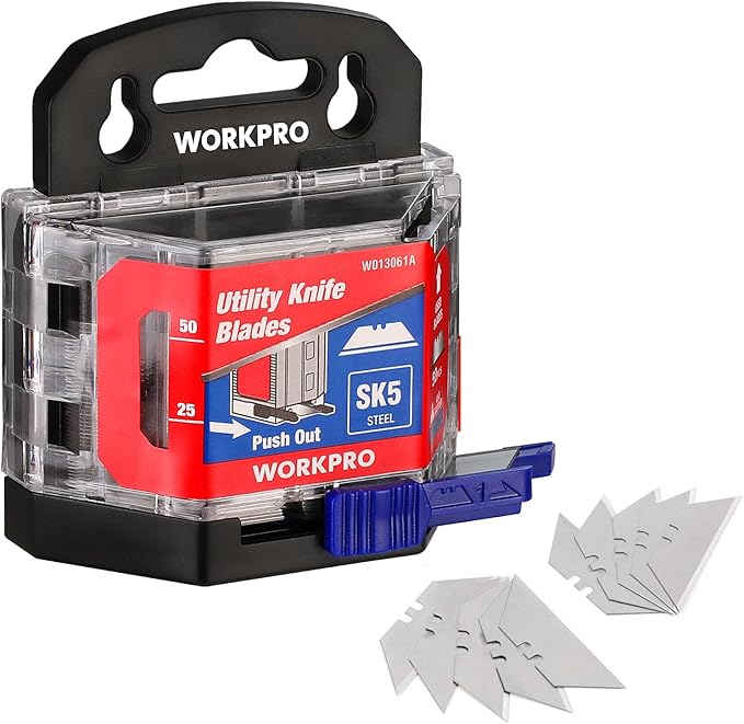 WORKPRO 50-Pack Utility Knife Blades with Dispenser, SK5 Steel Box Cutter, Standard Blades for Utility Knife Replacement