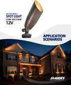 MALORY Brass Landscape Spotlights 6-Pack with Bulb Kit(S02), Low Voltage 12V AC/DC LED Outdoor Spot Uplights for House and Tree,PVC Ground Stake and Wire Connector Included, 5W 2700K Warm White