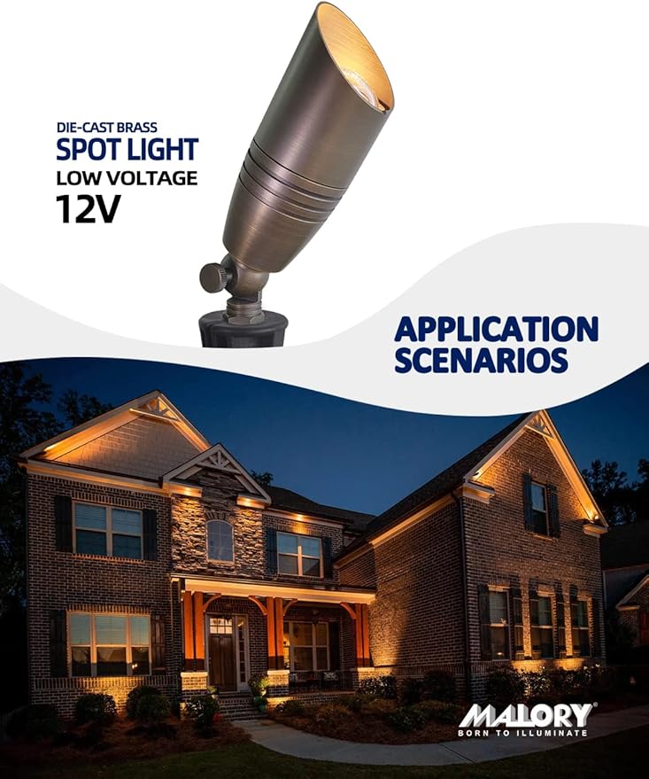 MALORY Brass Landscape Spotlights 12-Pack with Bulb Kit(S02), Low Voltage 12V AC/DC LED Outdoor Spot Uplights for House and Tree,PVC Ground Stake and Wire Connector Included, 5W 2700K Warm White