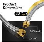 30 Pack Foskan 12-Inch Flexible Water Heater Connector Hose,with 3/4" Push-Fit x 3/4" FIP,Compatible with Copper, PEX, CPVC, and PE-RT Pipes for Water and Heating Use（12" Length）