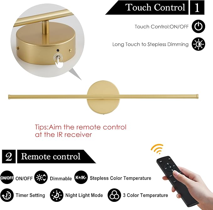 Removable Battery Operated Wall Sconces with Remote Control 350°Rotate LED Wireless Wall Lights with 3 Color Temperatures & Dimming for Bedroom, Hallway,24.4 Inch (2 Pack)