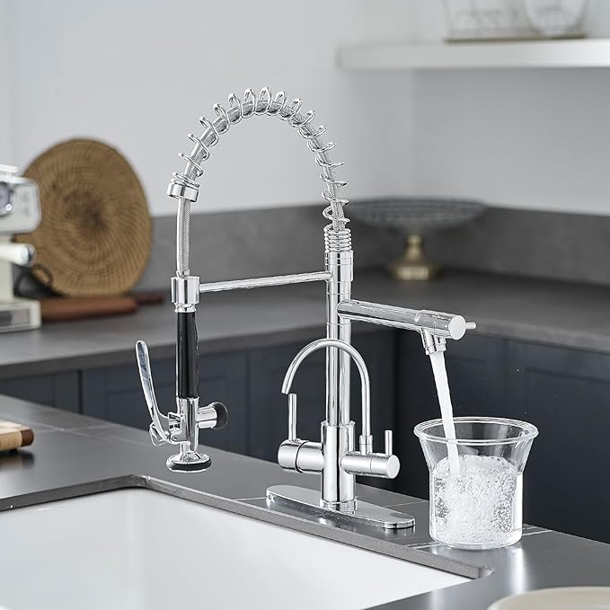 Fapully 3 in 1 Kitchen Faucet with Water Filler and Pull Down Sprayer, Chrome Commercial Kitchen Sink Faucet with Drinking Water Faucet for 1 or 3 Holes Sink