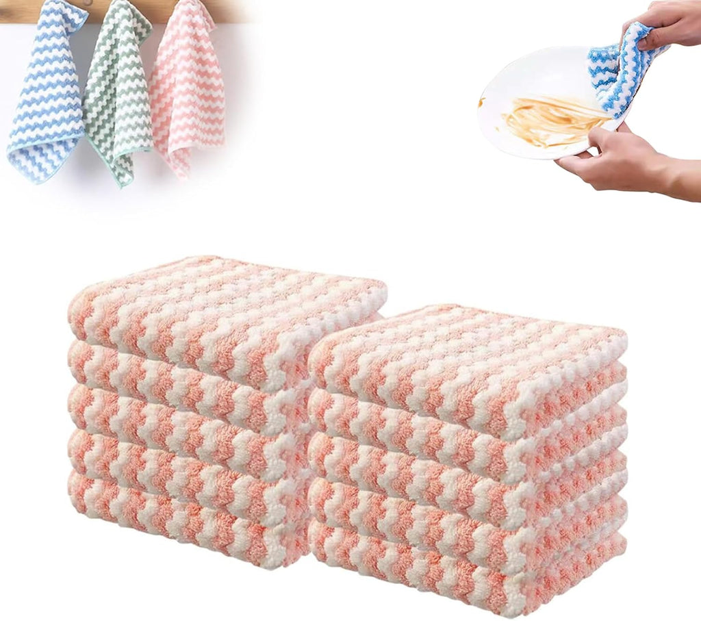 Coral Fleece Striped Rag Cleaning Dish Cloth, Reusable and Washable Microfiber Cleaning Rag, Absorbent Streak Free Lint Free Rags, Kitchen Clean Towels for Scrubs Dishes, Sinks Cleans (Pink, 10PCS)