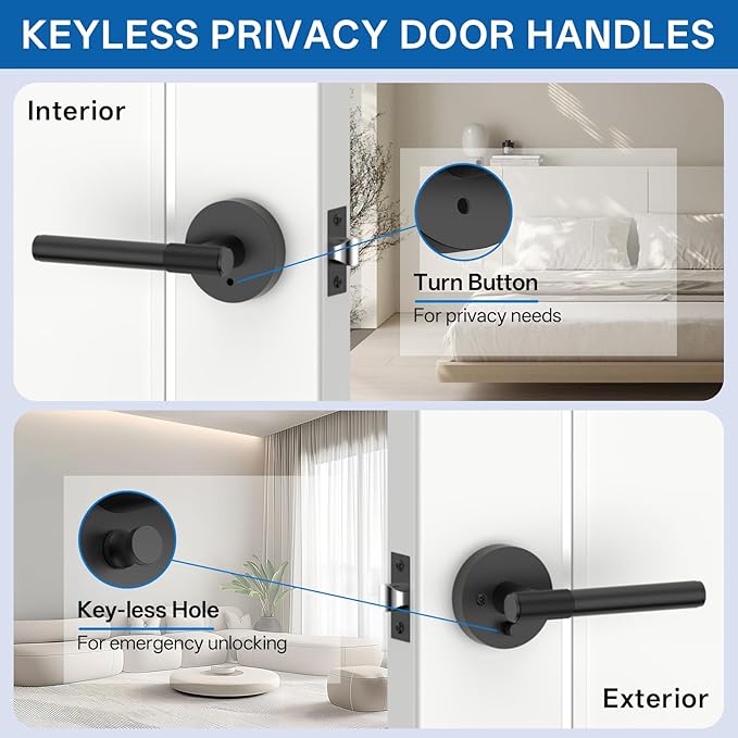 Amerdeco 3 Pack Matte Black Door Handles Interior,Knurled Privacy Door Handles with Lock,Heavy Duty Black Door Lever for Bedroom or Bathroom,Reversible Keyless for Left Right Handed Doors AM0027