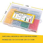 208PCS Drywall Anchors and Screws Assortment Kit, Wall Anchors and Screws Kit, 4 Sizes Plastic Anchors and Matched Phillips Pan Head Screws