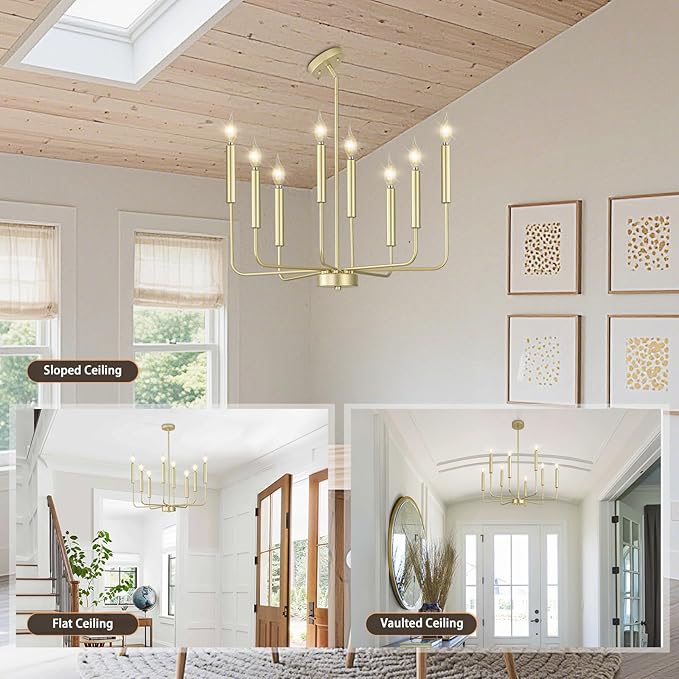 Qamra Modern Farmhouse Gold Chandelier for Dining Room, 8-Light Rustic Candle Chandelier Light Fixture, Industrial Hanging Chandeliers Lighting for Living Room, Kitchen, Staircase, Entryway, Foyer