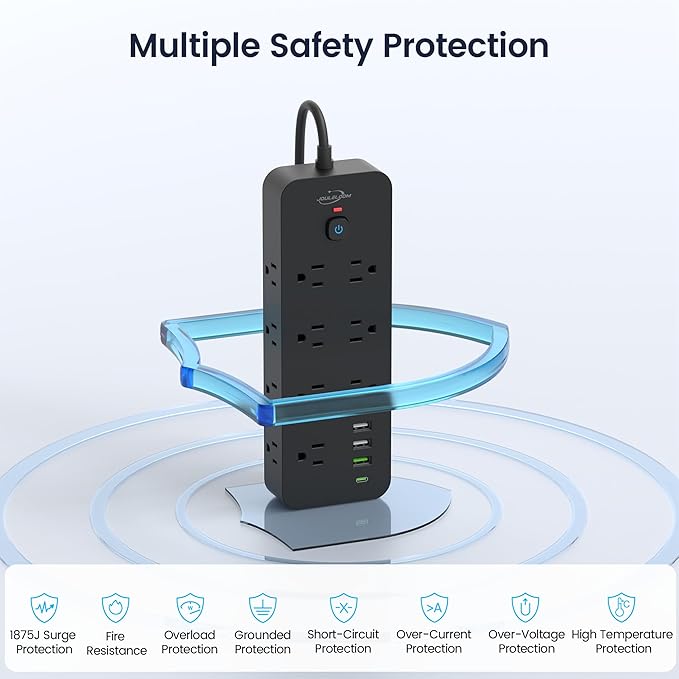 Surge Protector Power Strip with USB Ports, 14 AC Outlets with 4 USB Ports (1 USB C), 5 Feet Cord with Multiple outlets, 1875W/15A, One Touch Switch Button, Wall Mountable for Home, Office-Black