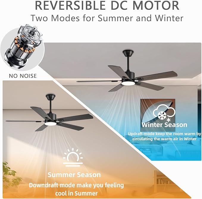 56inch Ceiling Fans with Lights and Remote/App Control, DC Reversible Motor, Noiseless, Dimmable, Low Profile Modern Ceiling Fan for Bedroom Indoor/Outdoor Use（Brown）