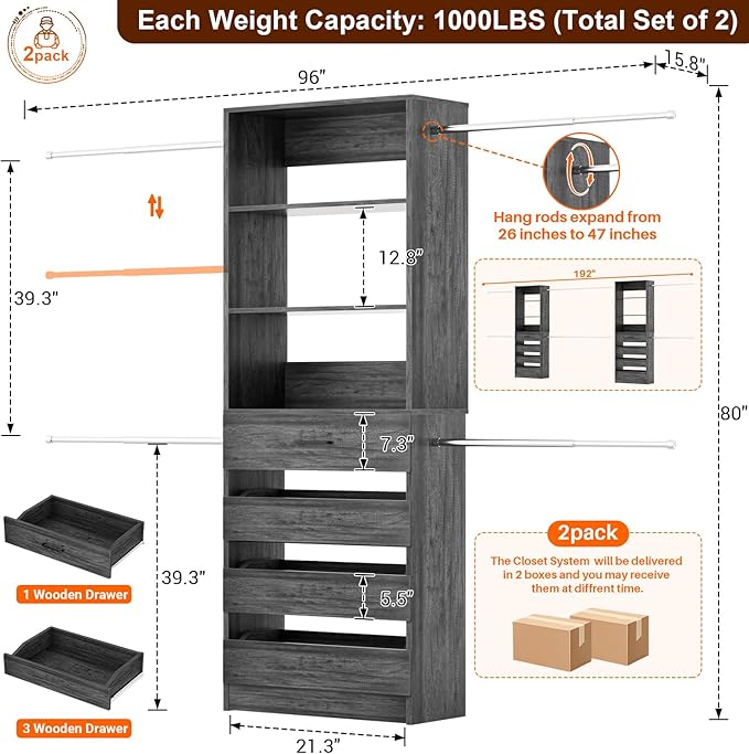Aheaplus Closet System Set of 2, 4-9Ft Wood Closet Organizer with 8 Drawers & Shelves, Closet Organizer System with 8 Hanging Rods, Walk-in Closets Organizer Wardrobe Closet Rack, Black Oak1
