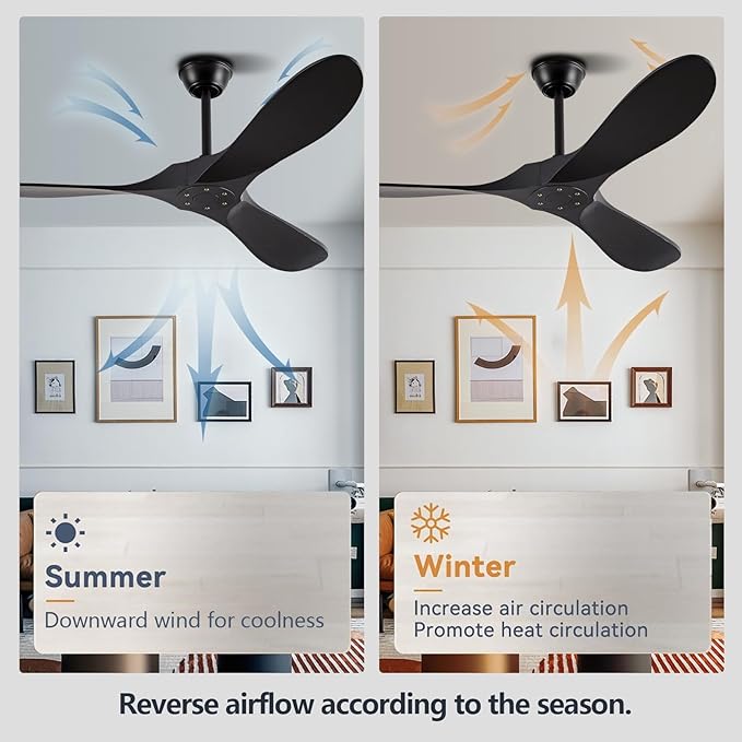 52" Ceiling Fans Without Lights, Solid Wood Ceiling Fan with Remote Control and Quiet DC Motor, Ceiling Fan no Light 3 Blades, Indoor Outdoor Ceiling Fans for Patios, Bedroom- Black