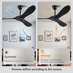 52" Ceiling Fans Without Lights, Solid Wood Ceiling Fan with Remote Control and Quiet DC Motor, Ceiling Fan no Light 3 Blades, Indoor Outdoor Ceiling Fans for Patios, Bedroom- Black