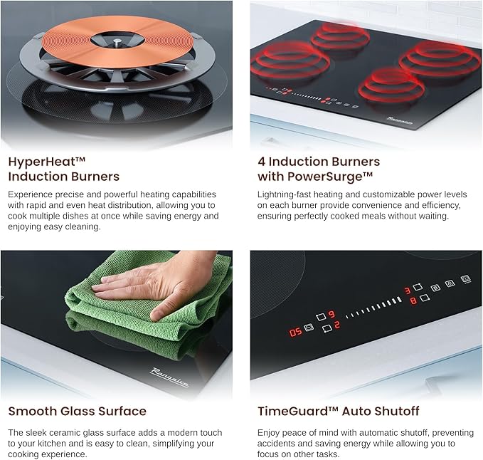 Rangaire RCI241S 24" Induction Cooktop, 6700W, 4 Burners, Built-in Stove Top, Booster & Timer, 9 Power Levels, Slide Touch Control, Child Safety Lock, 240V Hard Wire, Ceramic Surface