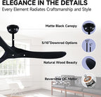 52" 3 Blade Ceiling Fan Without Light, Farmhouse Rustic Wooden Flush Mount Ceiling Fan no Light with Remote for Indoor/Outdoor - High End Silent Operation, Black, 52 Inch