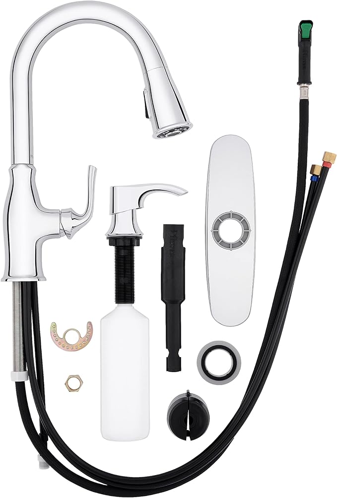 Pfister Rosslyn Kitchen Faucet with Pull Down Sprayer and Soap Dispenser, Single Handle, High Arc, NSF Certified, Polished Chrome Finish, F5297RSSRC