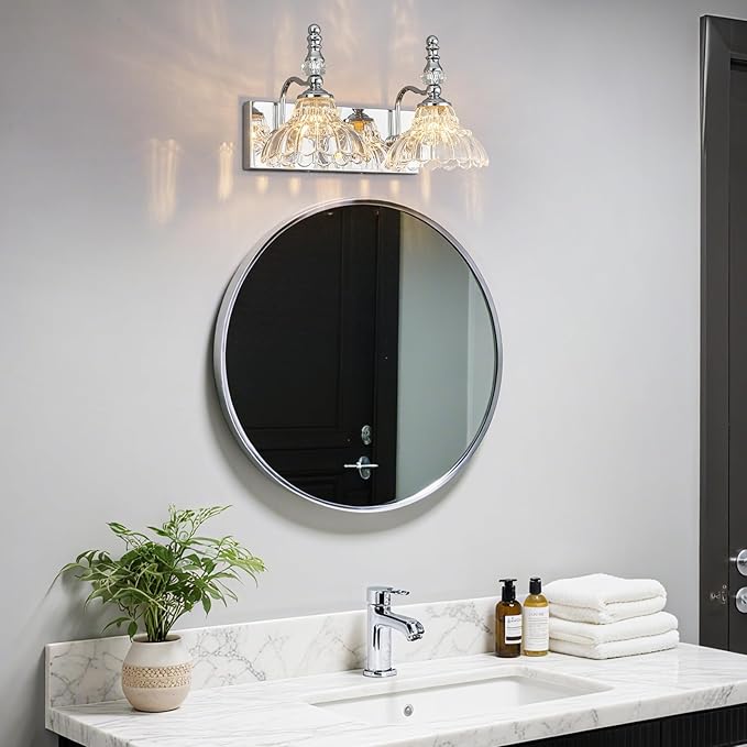 Vintage Bathroom Vanity Light, 2-Light Chrome Vanity Lighting Fixture with Flower Glass Shade, Bathroom Lighting Fixtures Over Mirror