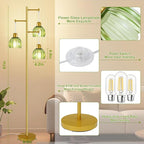 Glass Floor Lamps for Living Room, 3 Lights Mid Century Modern Standing Lamp with Foot Switch, Retro Gold Floor Lamp with Green Glass Shade, Vintage Tree Tall Lamps with Bulb for Bedroom Office