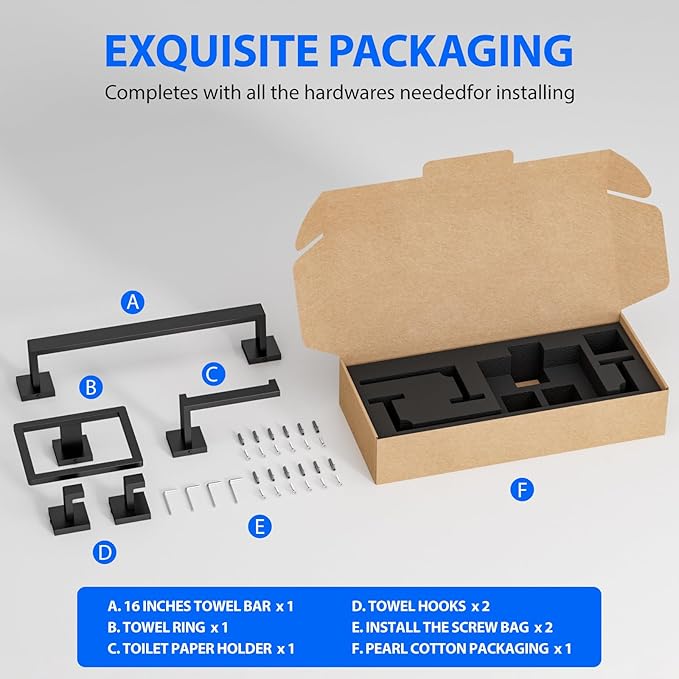 Matte Black 5-Pieces Bathroom Hardware Set, SUS304 Rustproof Steel 16" Rectangle Bathroom Towel Racks Accessories Set, Luxury Hotel Grade Organization Hardware Kit