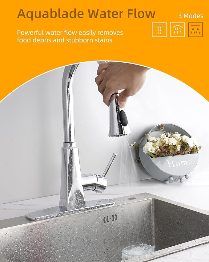 Hibbent Kitchen Sink Faucet Head Replacement, NSF/ANSI/CAN 61 & CUPC Certified, 3-Function Pull Down Sprayer Nozzle with 15 Adapters, Compatible with Delta, Kohler, Moen Faucets, Chrome (Silver)