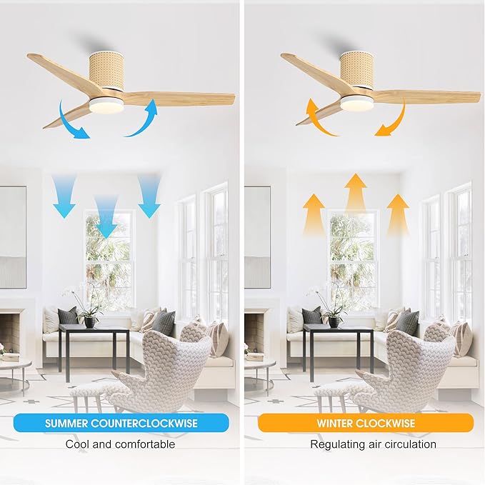 52" Ceiling Fan with Light - Low Profile Flush Mount Ceiling Fan, 6-Speed Remote Control, Solid Wood, Quiet Reversible DC Motor, Wood/White Finish, for Bedroom, Living Room, Porch