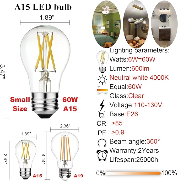 LiteHistory A15 LED Bulb 6W Equal E26 Led Bulb 60 Watt Non-Dimmable Edison Light Bulb Neutral White 4000K Clear AC120V 600LM E26 Bulb for Ceiling Fan,Wall sconces,Fridge,Desk lamp Pack of 6