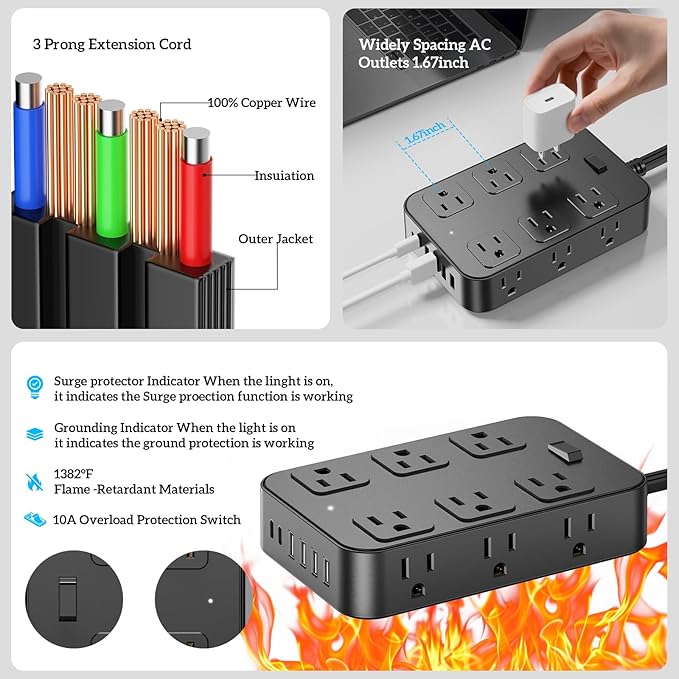 Flat Plug Power Strip Surge Protector 5 Ft Extension Cord with 12 AC Outlets 6 USB Ports 3 Side Multi Plug Outlet Extender Home Office Kitchen Dorm Room Wall Desk Charging Station ETL Listed