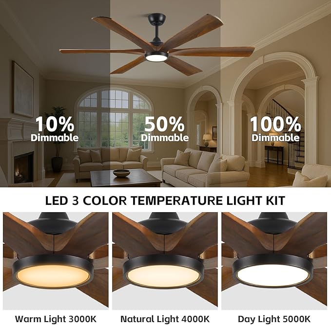 60 Inch Indoor Outdoor Ceiling Fan with Light and Remote - 6 Solid Wood Blades, High CFM Quiet Reversible Energy Efficient DC Motor, 6/12/24 Inch Down-rod, Damp-rated for Patios Porch Gazebo Garage