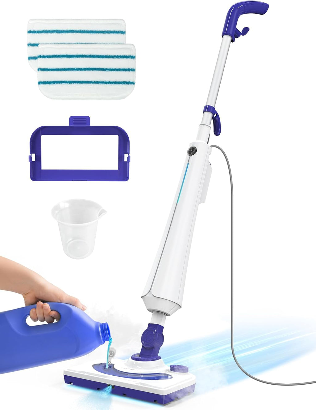 Professional Steam Mop Cleaner, 1300W Floor Steamer with Detergent Chamber, 25S Heat Up, Lightweight Steamer for Cleaning with 2 Washable Pads, Safe for Tiles, Upholstery, Carpet, Hardwood, Blue