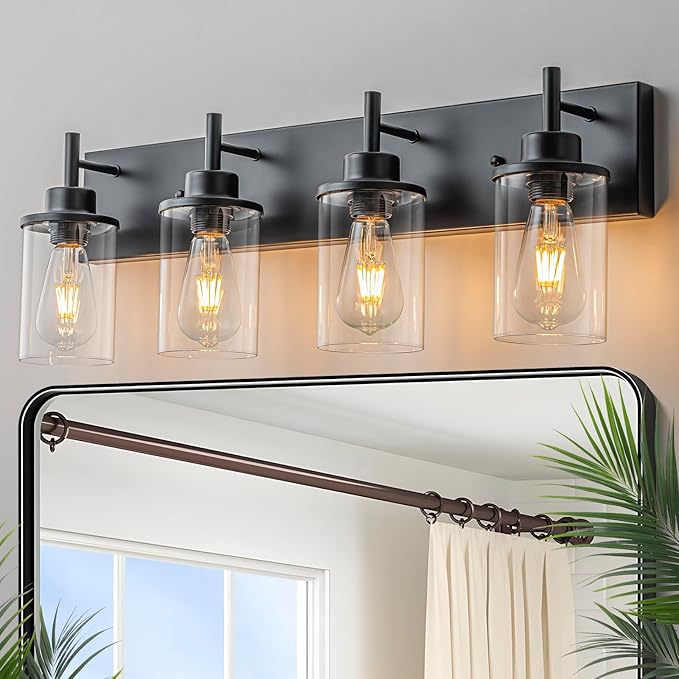 GoYeel Bathroom Light Fixtures Over Mirror, Matte Black Vanity Light 4 Light Wall Sconce Lighting Indoor Farmhouse Bathroom Lamp with Clear Glass Shade for Bedroom Living Room Hallway Kitchen