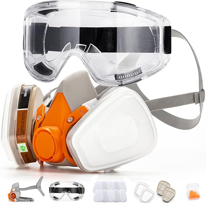 RANKSING Respirator Mask with Filters and Glasses to Against Dust Gases Fumes in Painting Spraying Sanding Orange/Pink