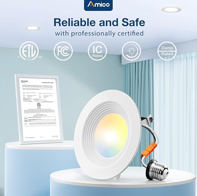 Amico 48 Pack 4 inch 5CCT LED Recessed Lighting, Dimmable, 8.5W=60W, 650LM, 2700K/3000K/4000K/5000K/6000K Selectable, Retrofit Can Lights with Baffle Trim, IC & Damp Rated - ETL & FCC Certified