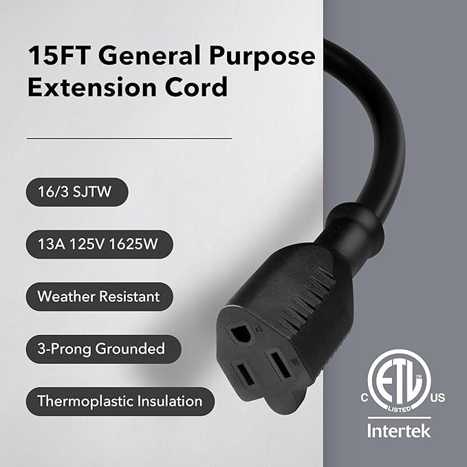 BN-LINK 15 ft Indoor/Outdoor Extension Cord 16/3 SJTW, Black, Water & Weather Resistant, 3-Prong Grounded Plug for Landscaping & Holiday Decorations, Home & Office, 13A, ETL