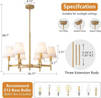 27'' Gold Chandelier Chandelier for Dining Room with White Fabric Shades, 6-Light Modern Farmhouse Chandelier Adjustable Brass Pendant Light Fixture for Living Room Kitchen Entryway Foyer
