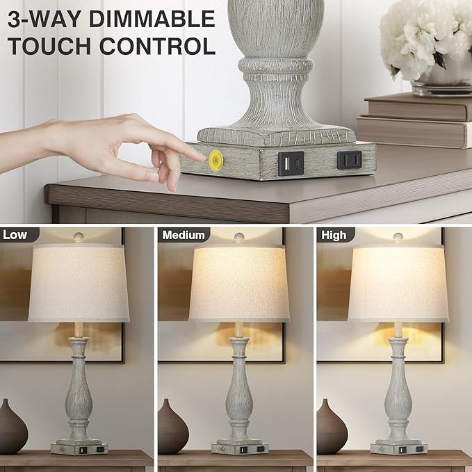 27.5" Farmhouse Table Lamps Set of 2 with USB C+A Ports & AC Outlet for Vintage Living Room Retro Bedroom, 3-Way Dimmable Touch Lamps Resin Bedside Lamps for Nightstand Side End Table, Grey