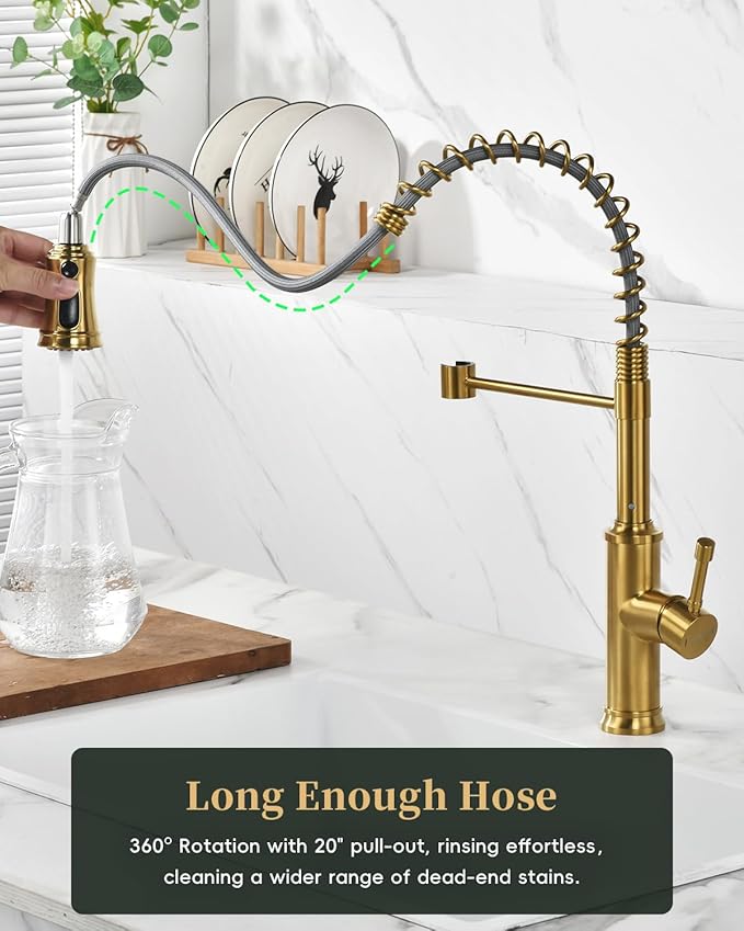 DAYONE Antique Brushed Gold Kitchen Sink Faucet with Pull Down Sprayer, 3 Modes Stainless Steel Spring Vintage Sink Faucet for Farmhouse Kitchen Bar Camper 1 or 3 Holes Single Handle