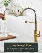 DAYONE Antique Brushed Gold Kitchen Sink Faucet with Pull Down Sprayer, 3 Modes Stainless Steel Spring Vintage Sink Faucet for Farmhouse Kitchen Bar Camper 1 or 3 Holes Single Handle