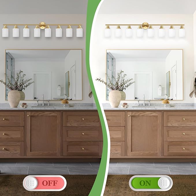 8-Light Vanity Lights, Brushed Gold Bathroom Light Fixture with Striped Textured Milky White Glass Shade, Modern Vanity Lighting Fixture for Bathroom Wall Light Over Mirror, E26 Wall Sconce