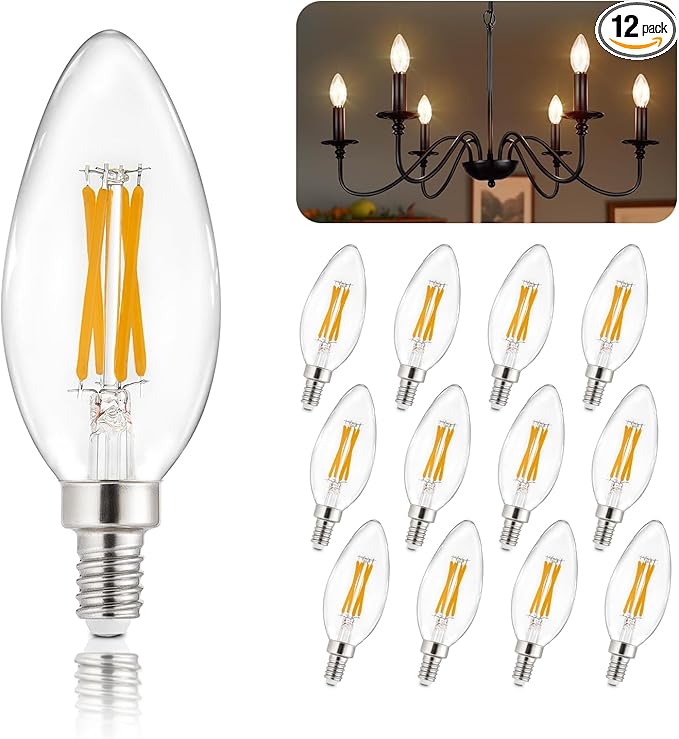 Depuley LED Light Bulbs E12: 12-Pack Candelabra Light Bulb 4W Candle Bulb Equivalent 40W - Edison Vintage Bulbs Soft White 2700K C35 Clear Bulb 500 LM 80+CRI Non-Dimmable