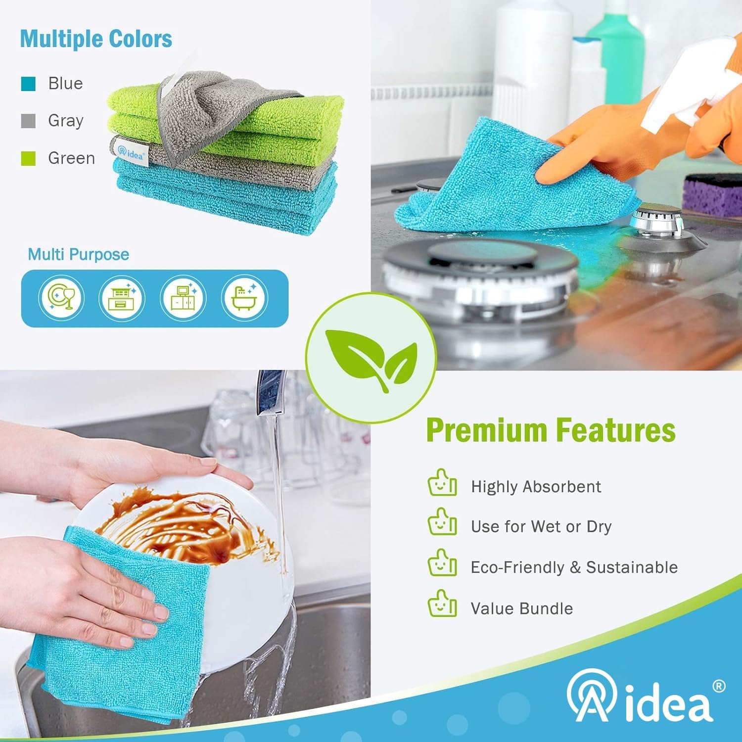 AIDEA Microfiber Cleaning Cloth-8PK, Soft Microfiber Towels for Cars, Absorbent Cleaning Rags, Lint-Free Streak-Free Wash Cloths for House, Kitchen, Window(12in.x16in.)