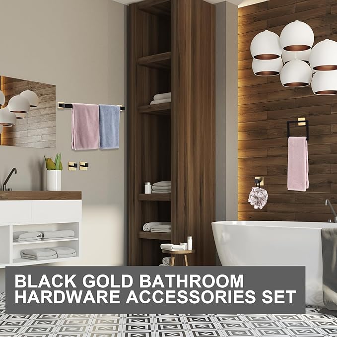 Gisafai 20 Pcs Bathroom Hardware Accessories Set 23.6 Inch Bath Towel Bar Kit Stainless Steel Bathroom Hardware Set Towel Racks Ring Hooks Paper Holder for Wall Mounted (Black Gold)