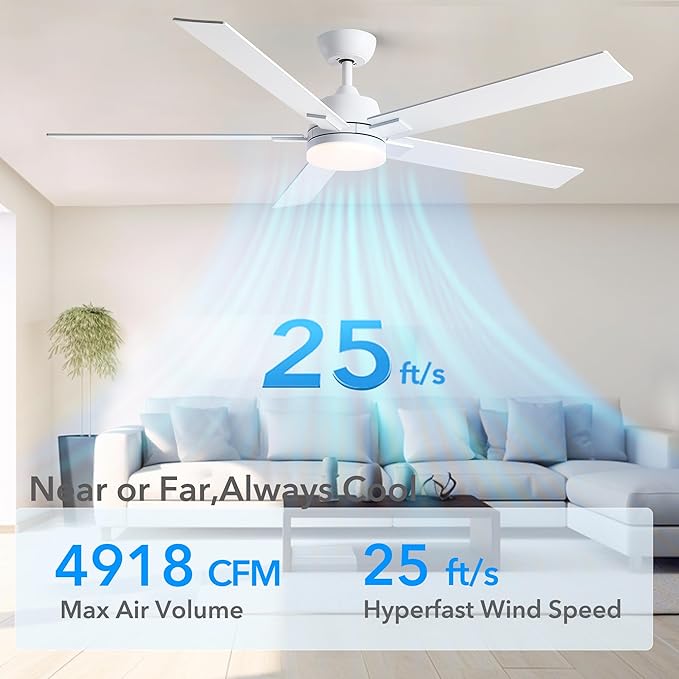 60 Inch Ceiling Fans with Lights and Remote, 6 Speed Reversible DC Motor, 3CCT Dimmable LED, 5 Blades, White Modern Ceiling Fan for Bedroom, Living Room & Covered Outdoor, Includes Downrod