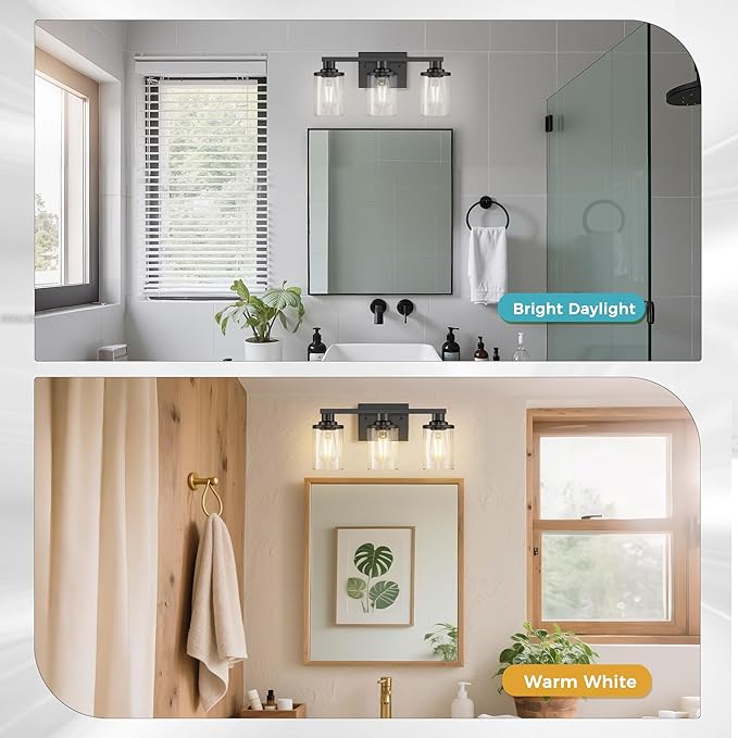 DORESshop 17 Inch Bathroom Light Fixtures, 3-Light Black Bathroom Lighting Fixtures Over Mirror with Clear Glass Shade, Vanity Lights for Bathroom Living Room Bedroom, ETL Listed