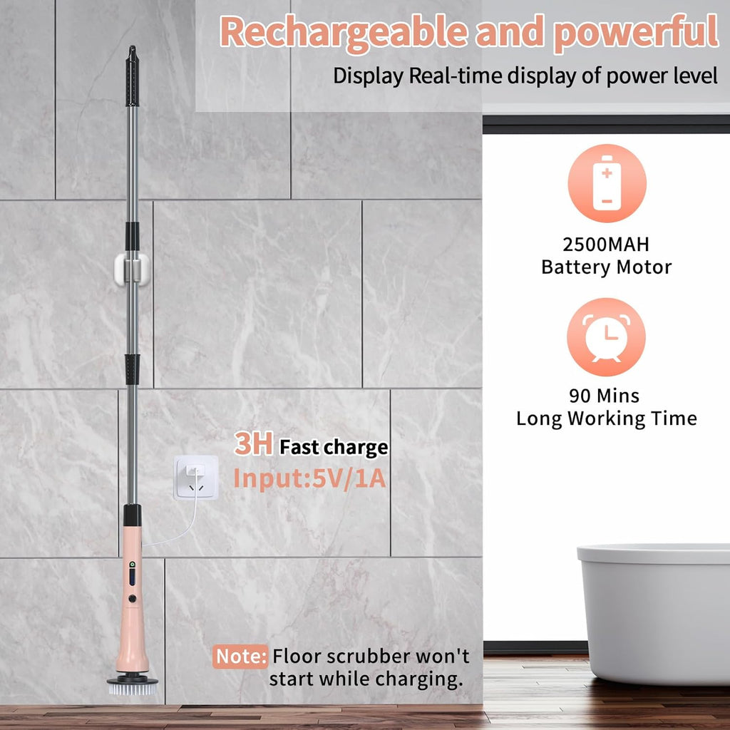 Electric Spin Scrubber, Hillyfe Power Shower Cleaning Brush with 7 Replaceable Brush Heads, IPX7 Waterproof, 2 Speeds (300/400 RPM) Electric Scrubber with Wall Mount Hook for Bathtub, Floor，Pink