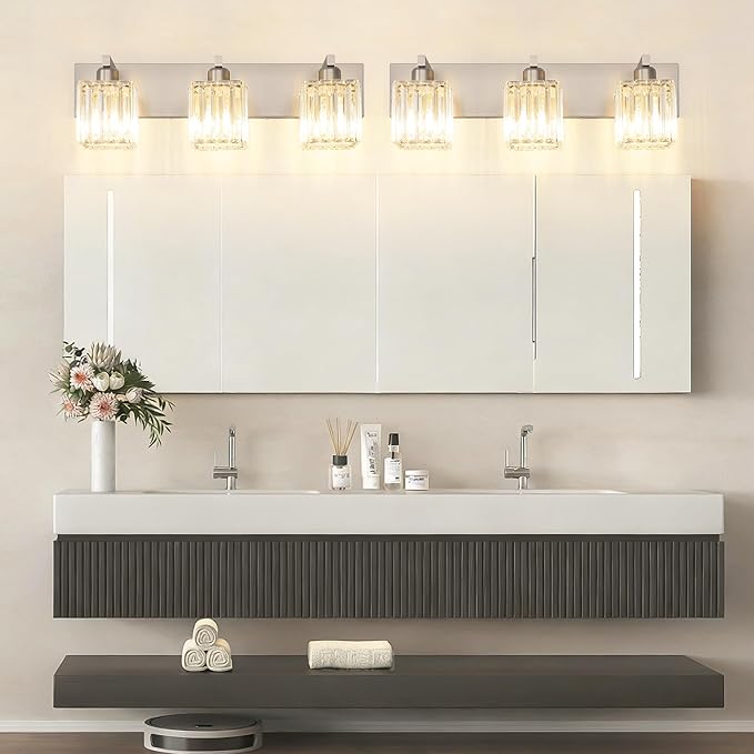 Aipsun Brushed Nickel Vanity Light Bathroom Lighting Fixtures 3 Light Crystal Modern Bathroom Vanity Light (Exclude Bulb)